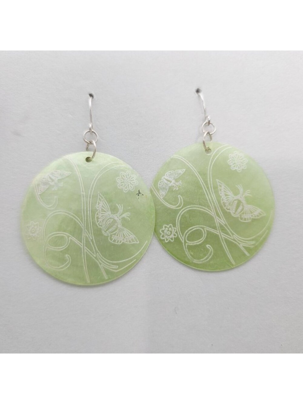 Round Green Shell Earrings With Butterfly & Floral Engraving Design 2.5"